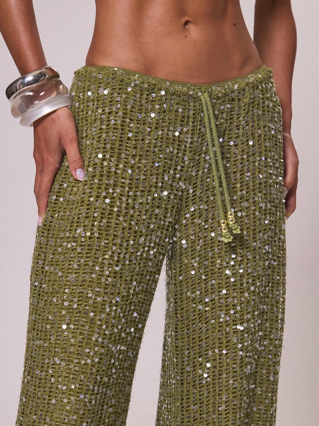 Women's Bohemian Style Beach Pants, Elegant Summer Sequined Long Trousers, Fashionable Holiday Wear, Ladies' Casual