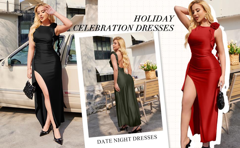 OYV Women's Sleeveless Crew Neck Backless Ruched High Split Party Maxi Dress