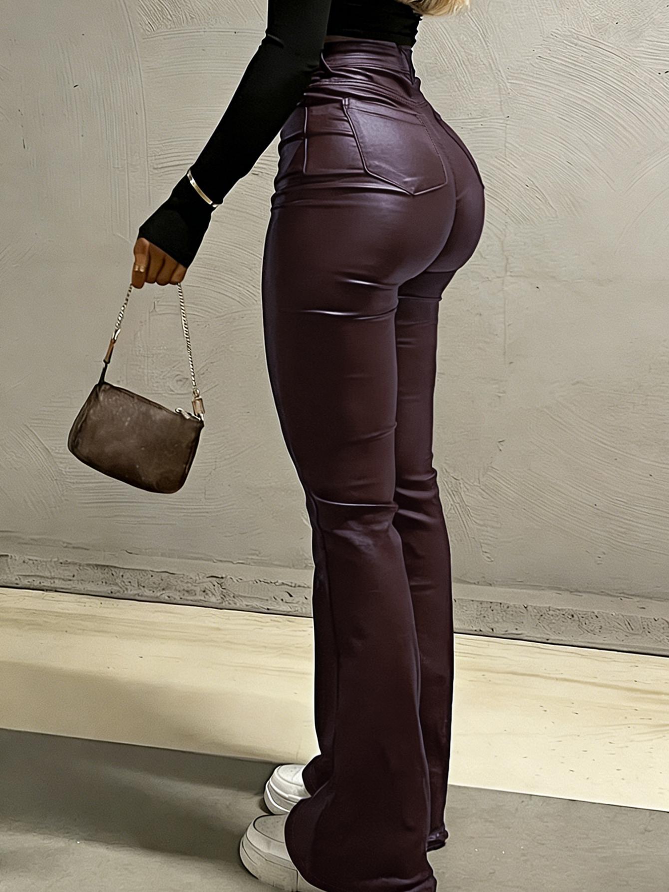 NVFelix Women Faux Leather Butt Lifting Leggings Flare High Waist Sexy Bell Bottom Pants