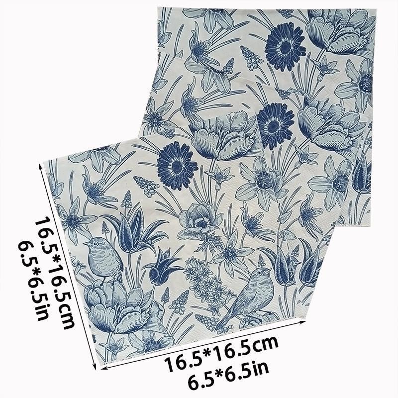 Blue Floral Bird Pattern Napkins, 2 Packs (20 Sheets/pack), Traditional Style Disposable Napkins for Wedding Party Decorations