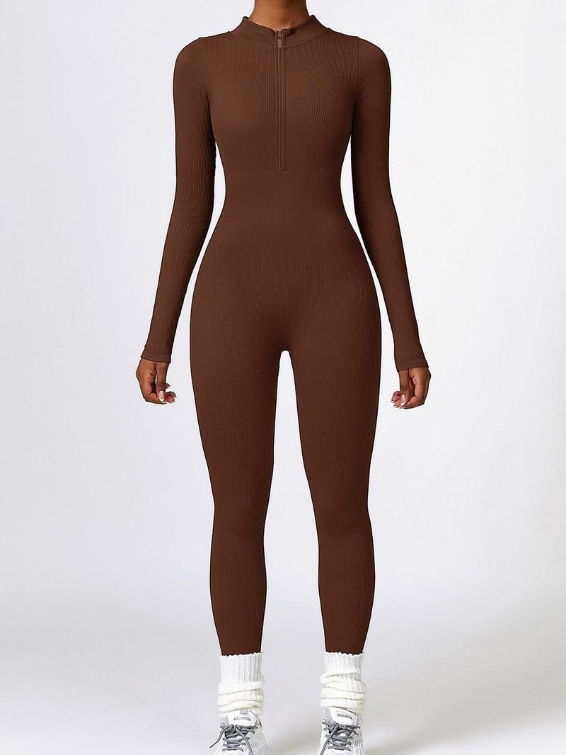 Women's Threaded Long-Sleeved Trousers Seamless Knitted Jumpsuit European & American Winter Tight-Fitting Long-Sleeved Yoga Jumpsuit Zip-Front Tummy-Control High-Intensity Workout Fitness Wear for Women Sportswear Jumpsuits