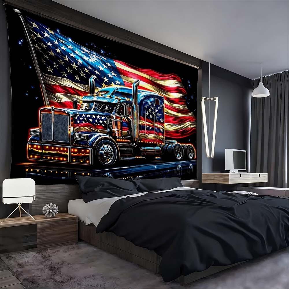 1PC Independence Day themed tapestry wall decoration for living room or bedroom featuring American flag and truck design enhances atmosphere during gatherings and celebrations suitable for creating a patriotic home ambiance perfect for daily enjoyment and
