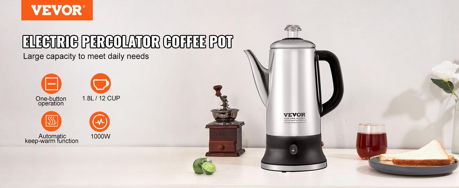 VEVOR 12-Cup Electric Percolator Coffee Pot, 304 Stainless Steel Coffee Percolator with Keep Warm Function Heat-Resistant Handle, Classic Coffee Maker, Quick Brew Easy-Pour Spout, Silver