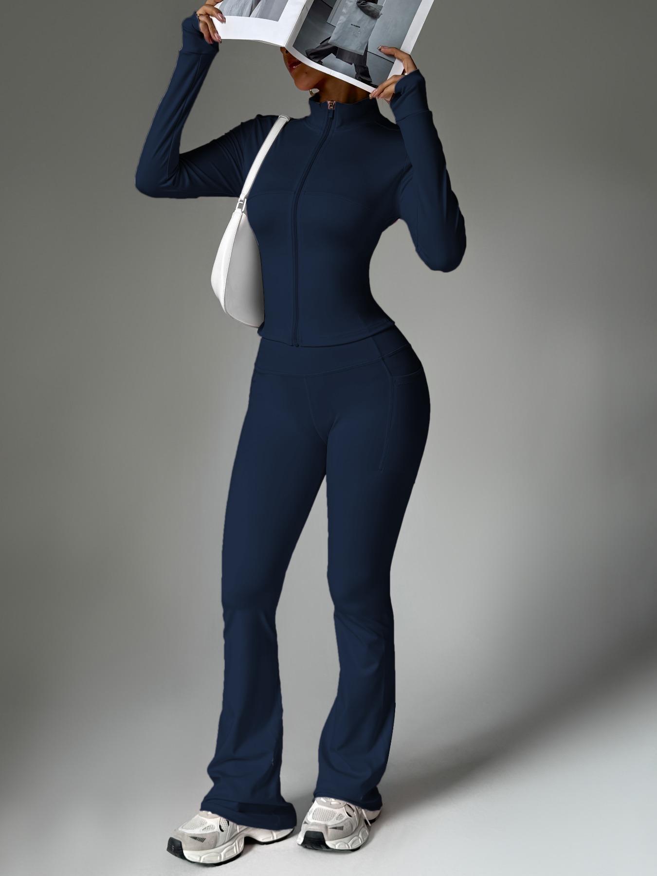 Women's Solid Color Zipper Jacket & Pocket Flare Pants Set, Athleisure Wear Set, Perfect for Yoga & Gym & Outdoor Use, Comfortable Breathable Outfit for Autumn Winter