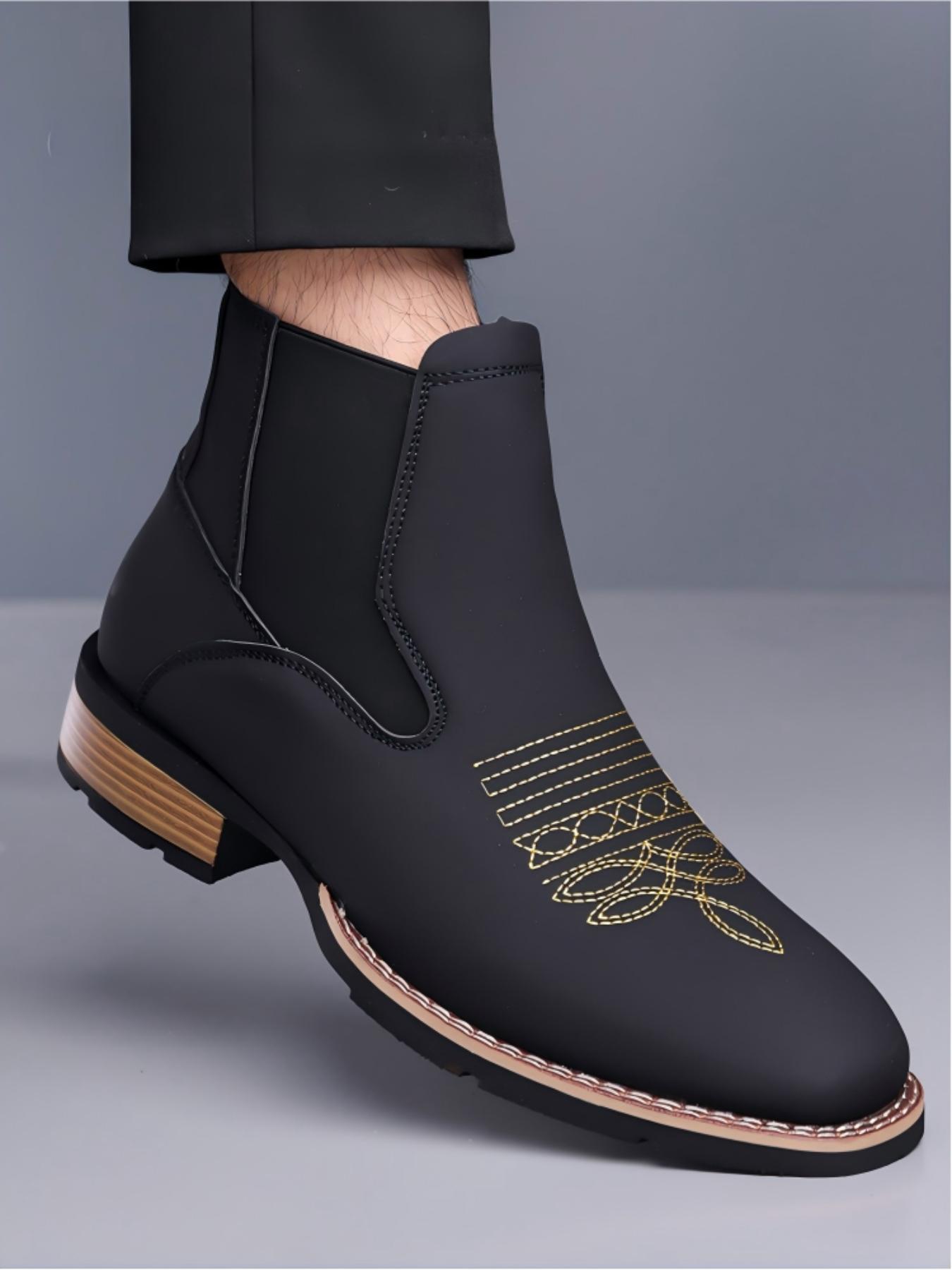 Vintage Embroidered Western Cowboy Chelsea Boots, Western Style Boots, PU Material, Geometric Pattern, Slip-On Design, Fall & Winter Fashion