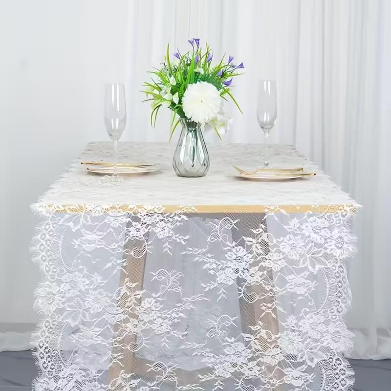 French Lace Table Runner Floral Edge Romantic Wedding Decoration, Elegant Linen Fabric Design, Perfect Gift Idea