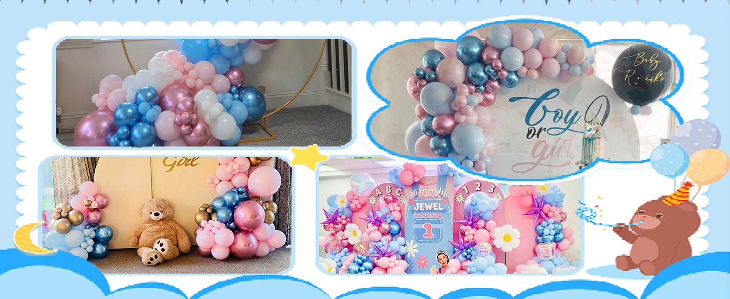 102-Piece Pink and Blue Balloon Arch Kit, Metallic & Confetti Latex Balloons in Different Sizes, 16ft Tape Strip & Dot Glue for Baby Shower, Birthday, New Year Decorations