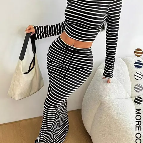 Size Up Women's Striped Print Long Sleeve Top & Skirt Two-Piece, Elegant Chic Skirt Sets Casual Two Piece Outfits, Skirt And Top Set, Fashion Women Clothes for Daily Outdoor All Seasons Wear