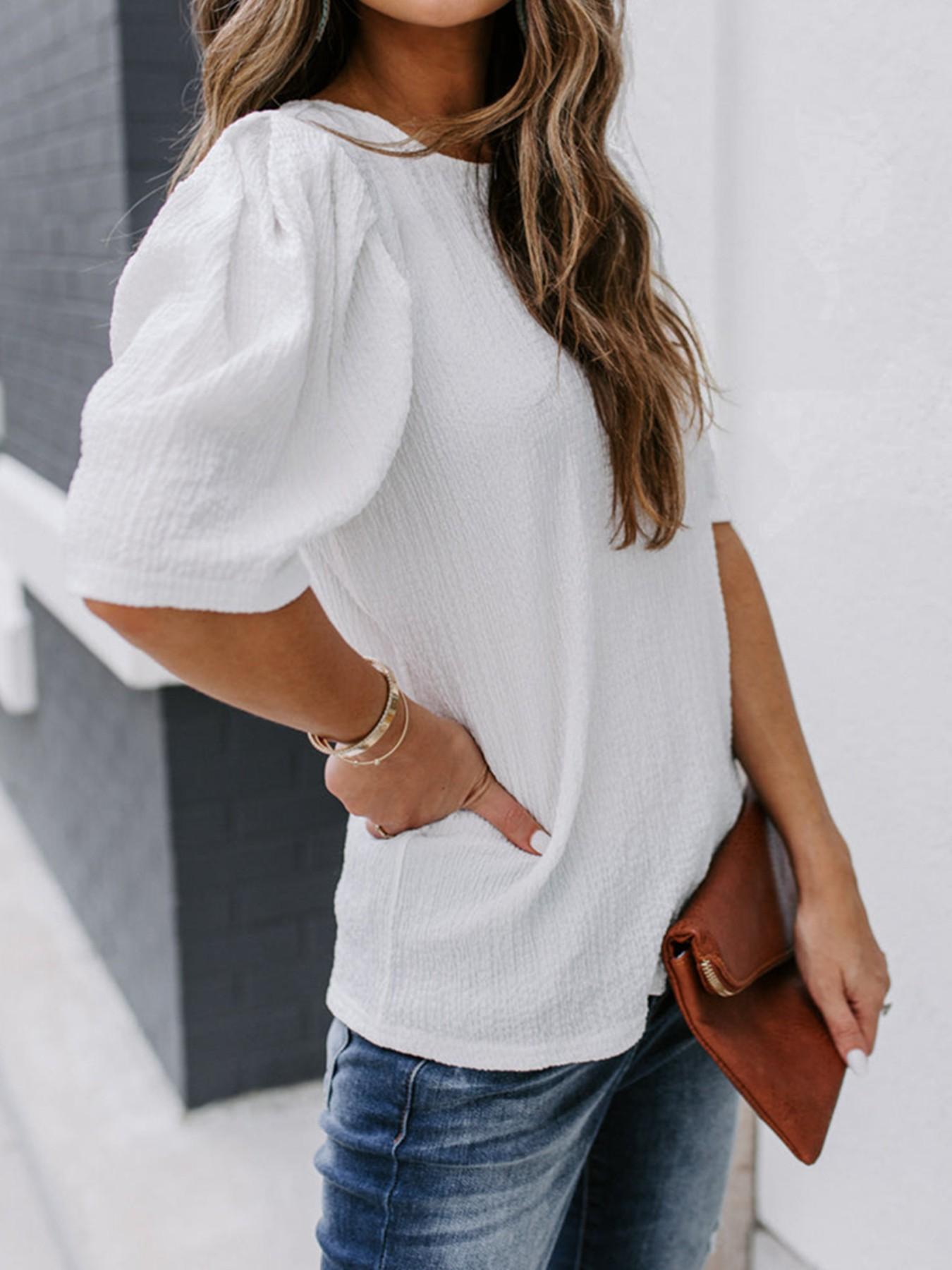 French Bubble Sleeve Solid Color T-Shirt for Women, Summer Simple Round Neck Short Sleeve Top, European and American Style Casual Basic Shirt