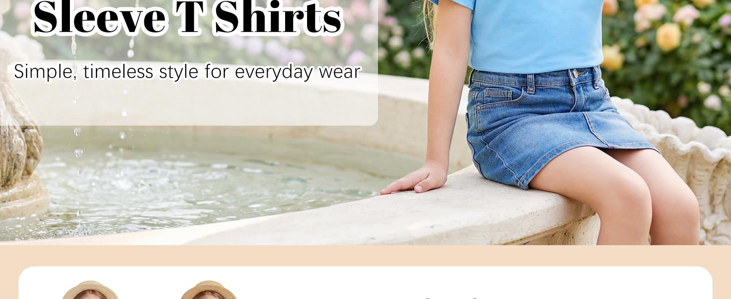 Girls Short Sleeve T-Shirts, Crewneck Solid Casual Tops for Kids, Summer Tees Ages 5-14