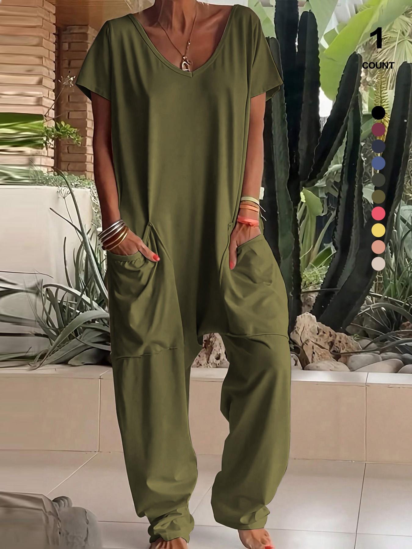2026 Women's Casual Organic Material Wide-Leg Jumpsuit, Loose Batwing Short-Sleeve V-Neck Harem Jumpsuit, Perfect for All Seasons, Stylish & Comfortable Clothes