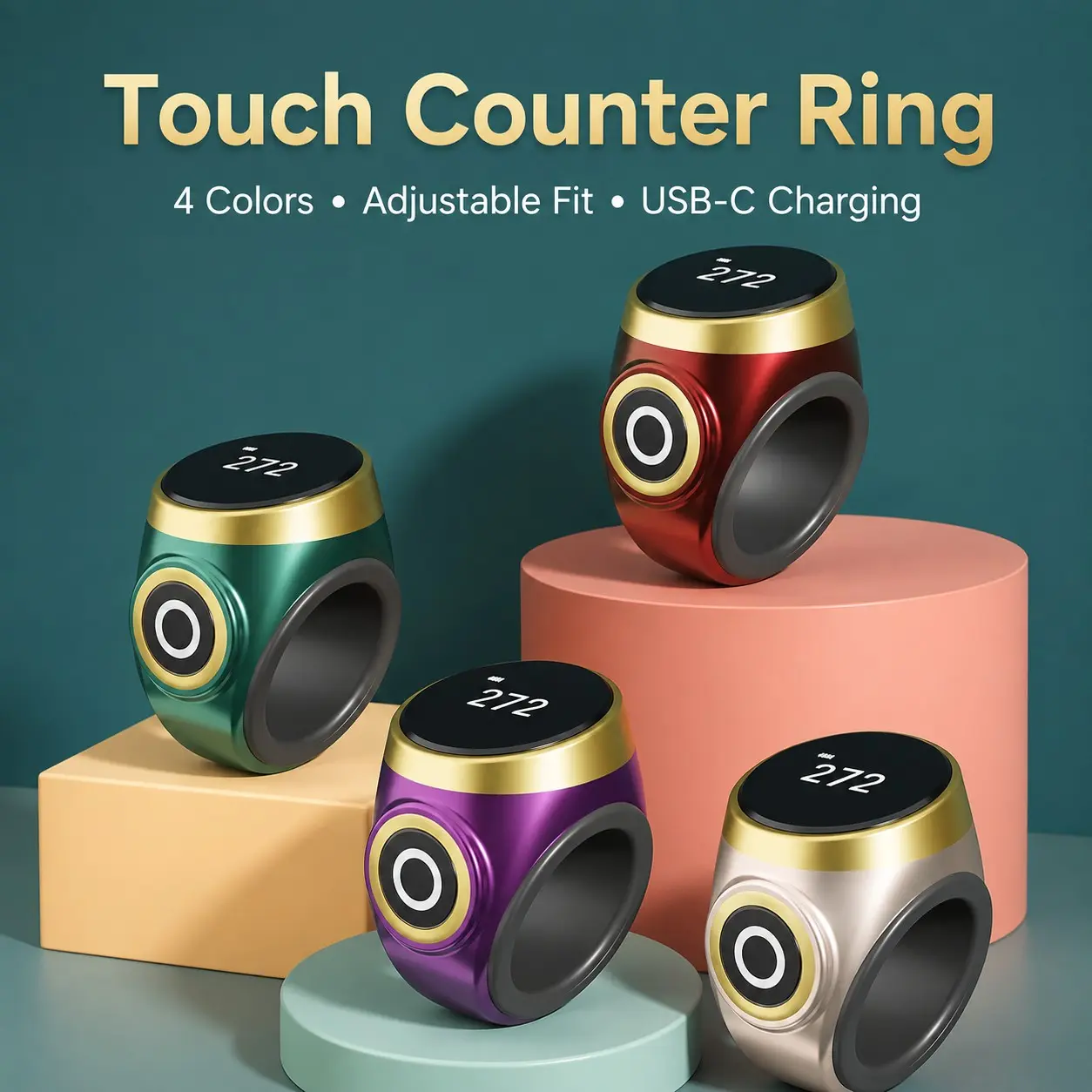 Smart Prayer Ring, Silent Touchscreen Counting, Pray Reminder, Adjustable Sizes, Waterproof, Portable Smart Faith Tool