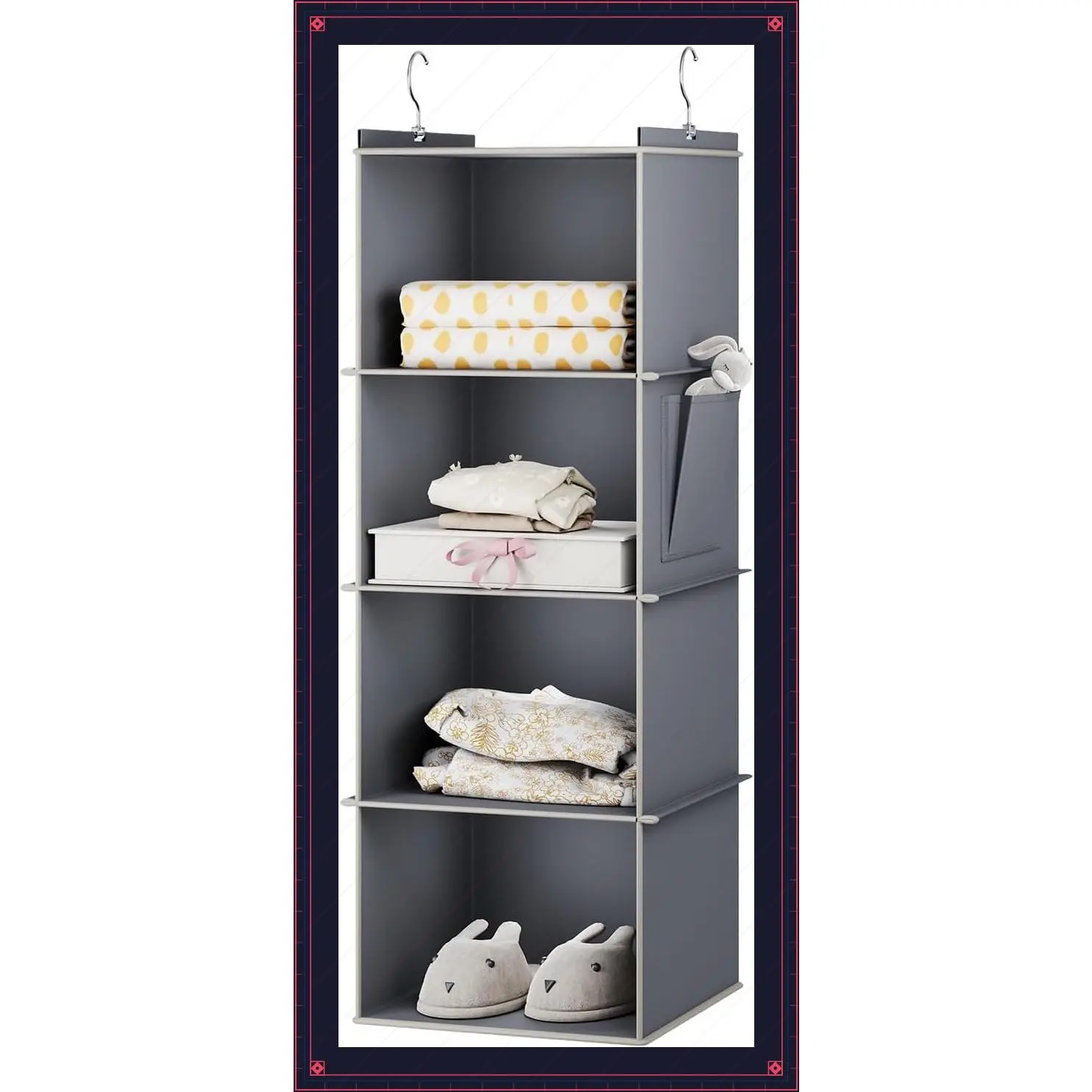 4-Shelf Hanging Closet Organizer with Side Pockets, Breathable Fabric, Grey – Clothes Storage for Small Closets, RVs, Campers, Lockers & Dorm RoomsGift