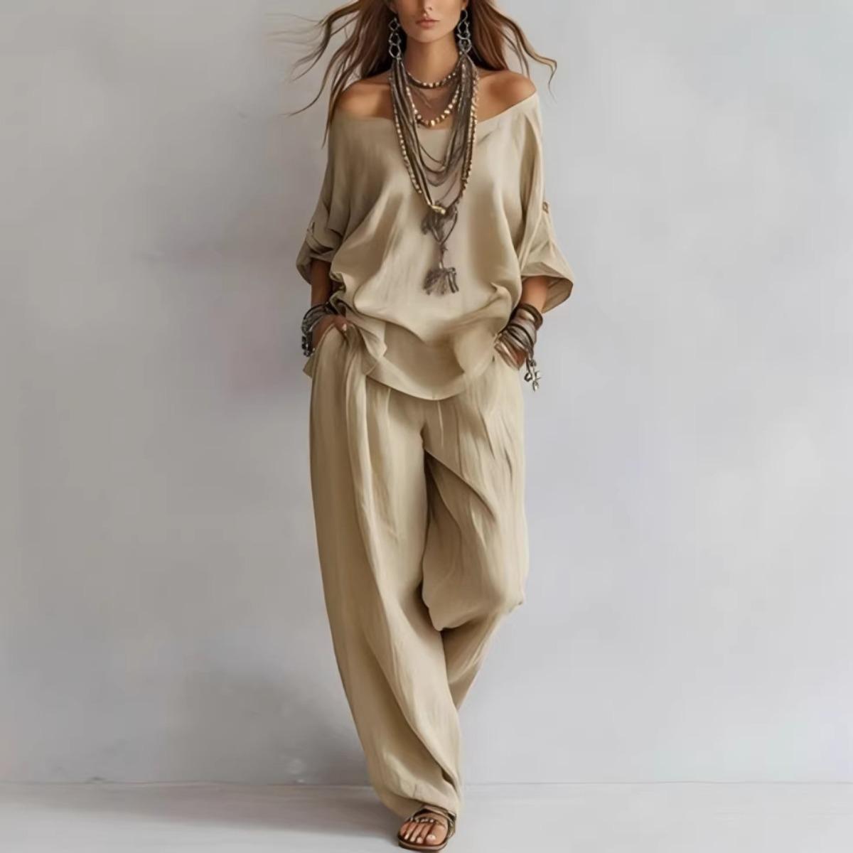 Women's Summer Solid 3/4 Sleeve Tops & Wide Leg Pants Set, Casual Loose Simple Fashion Outfit, Daily Holiday Travel Two Piece Set Women's Summer Solid 3/4 Sleeve Tops & Wide Leg Pants Set, Casual Loose Simple Fashion Outfit, Daily Holiday Travel Two Piece Set