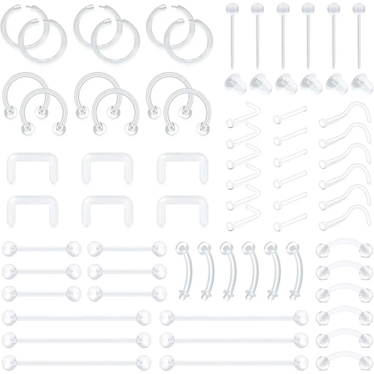 Clear Flexible Bioflex Plastic Piercing Retainer Kit for Lip Nose Eyebrow Nipple Tongue Belly Button Rings & Industrial BarbellGift