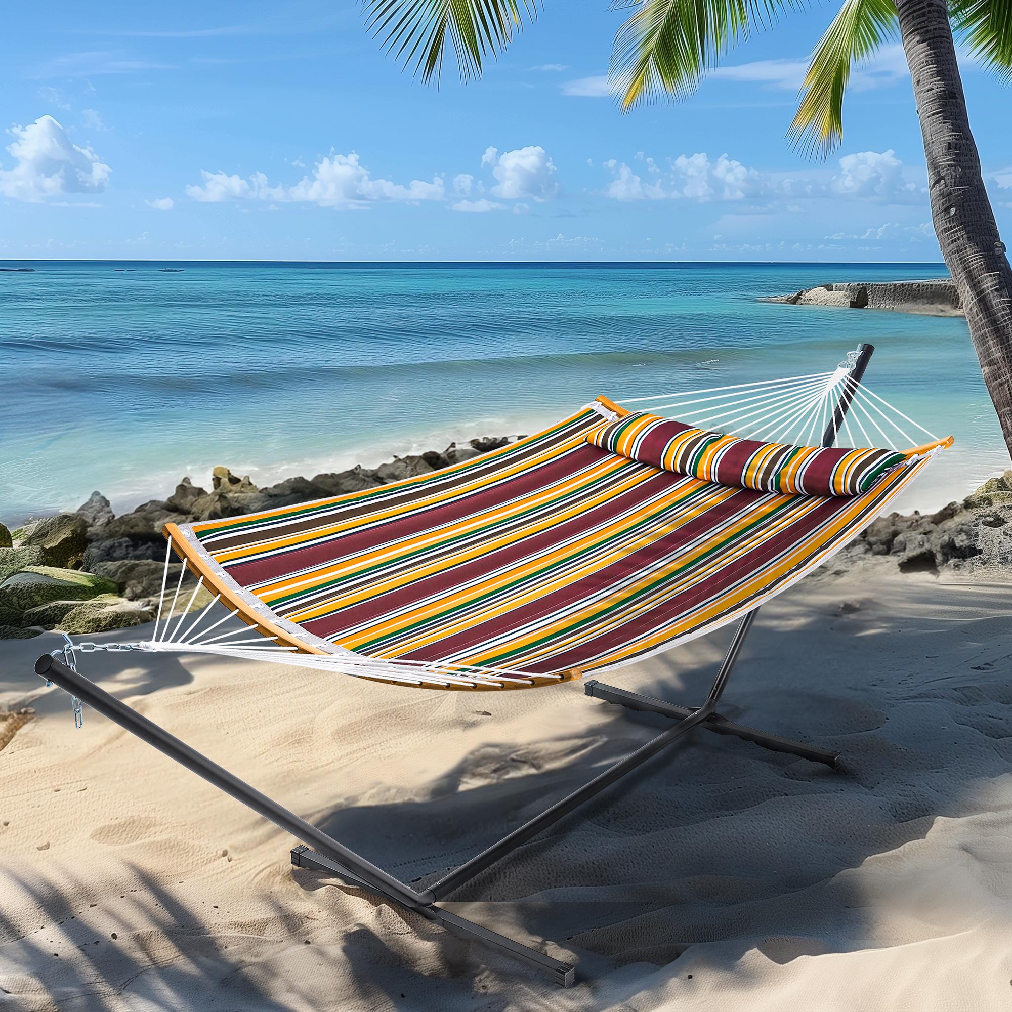 SUPERJARE Hammock with Stand, 2 Person Heavy Duty Hammock with Padded Cotton, Detachable Pillow & Strong Curved-Bar & Portable Carrying Bag, Perfect for Outdoor & Indoor