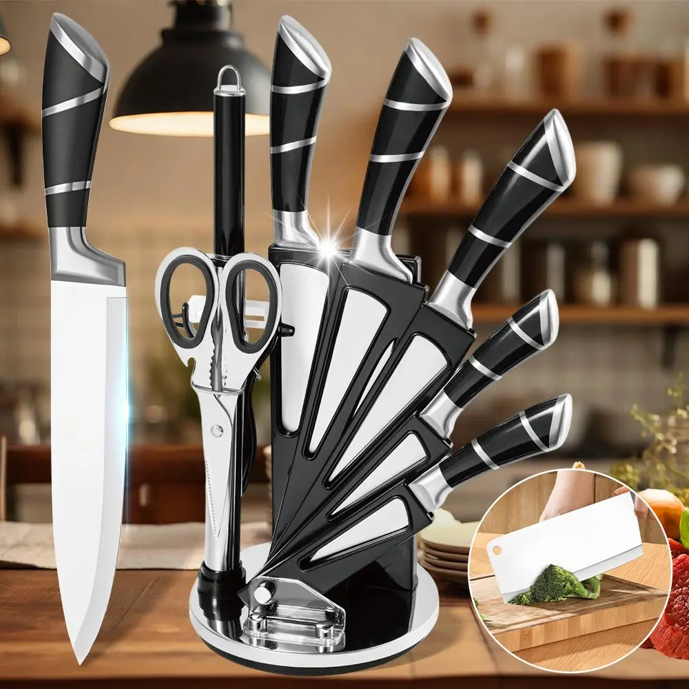 【BackToSchool】9-Piece Ultra-Sharp High Carbon Stainless Steel Kitchen Knives Set - Professional Chef, Bread, Cleaver, Paring, Utility Knives, Scissors, Sharpener, Peeler - Hollow Handle Ergonomic Utensil with Acrylic Non-Stick Multifunctional Blade Design
