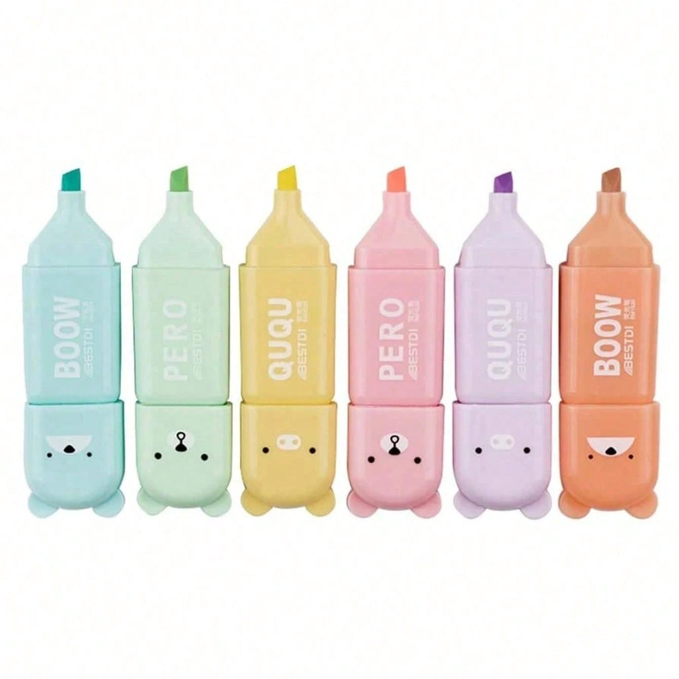 Cute Bear Design Highlighter Pen, 6 Counts/set Mini Colorful Highlighter Pen, Writing Pen for Students, School, Office, Home