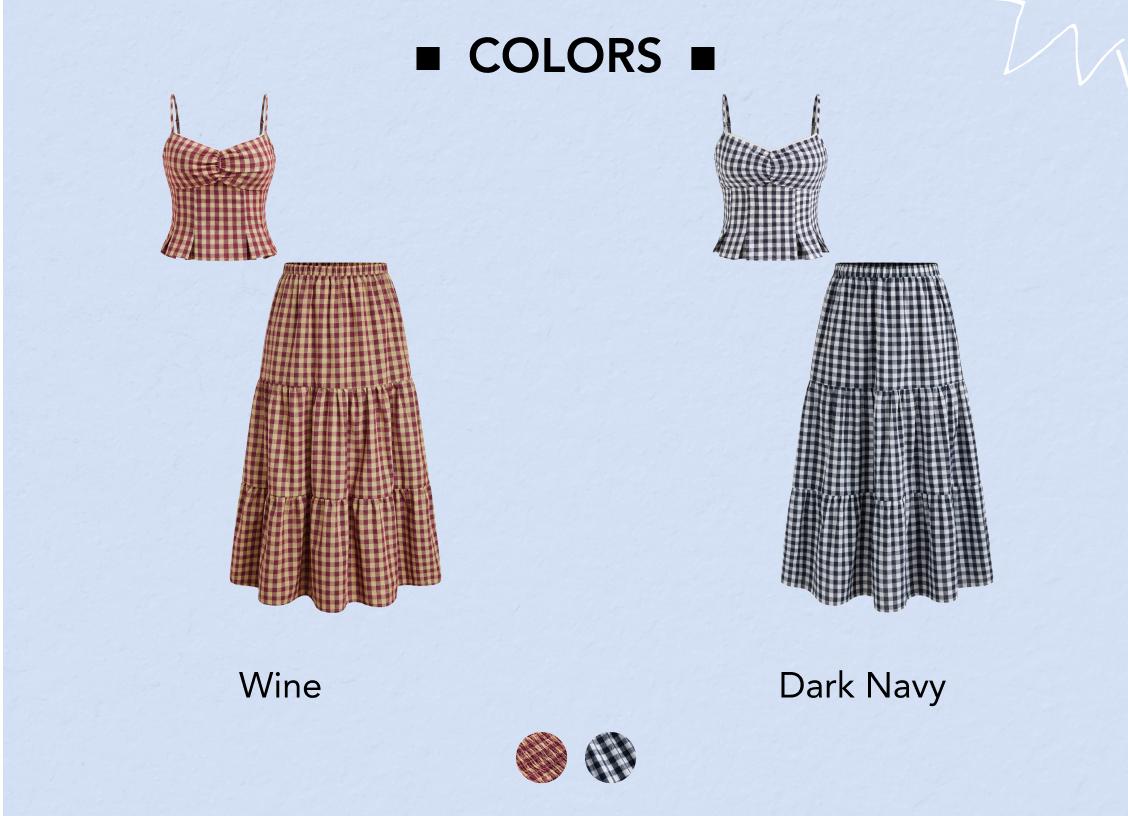 Cider [3 colors, size 0-26] Gingham V-neck Cami Top & High Rise Midi Skirt, Woven Sets for Office School Vacation, Summer Tartan Outfits for Women