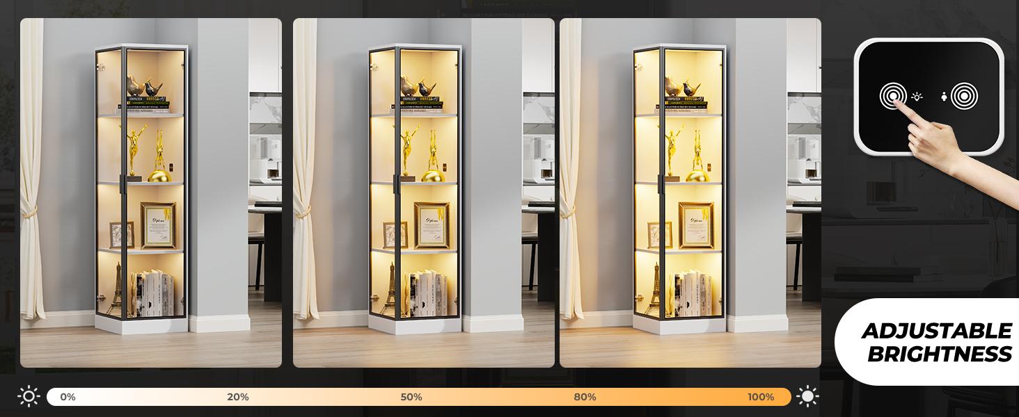 MIIFUNY Corner Display Cabinet with Doors, 4-Tier Corner Shelf&Bookcase for Collectibles, Toys, Books, Display Case with 3 Color Light, for Playroom, Bedroom, Study Room, White