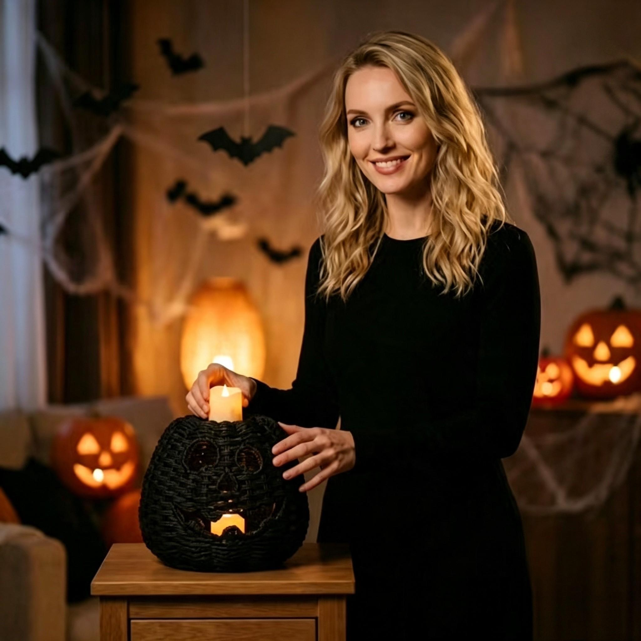 1PC Woven Black Pumpkin Jack-o'-Lantern Candle Holder, Halloween Tabletop Tealight Holder, Home & Party Decor Ornament, Tea Light Candle Holders