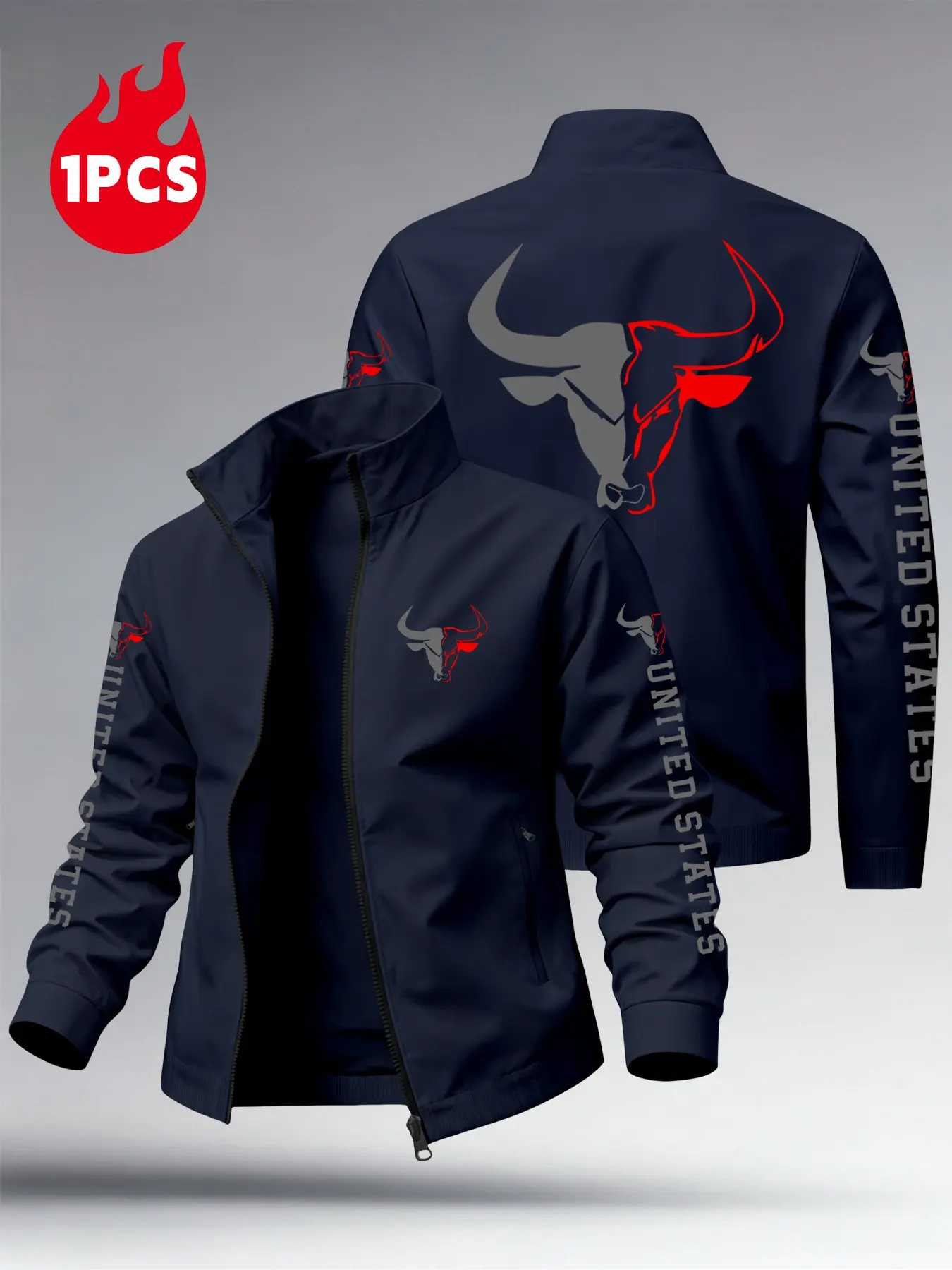 Men's Bull Print Lapel Zipper Jacket, American Style Letter Fashion Casual Outerwear, Multiple Colors, Spring Fall Bestseller