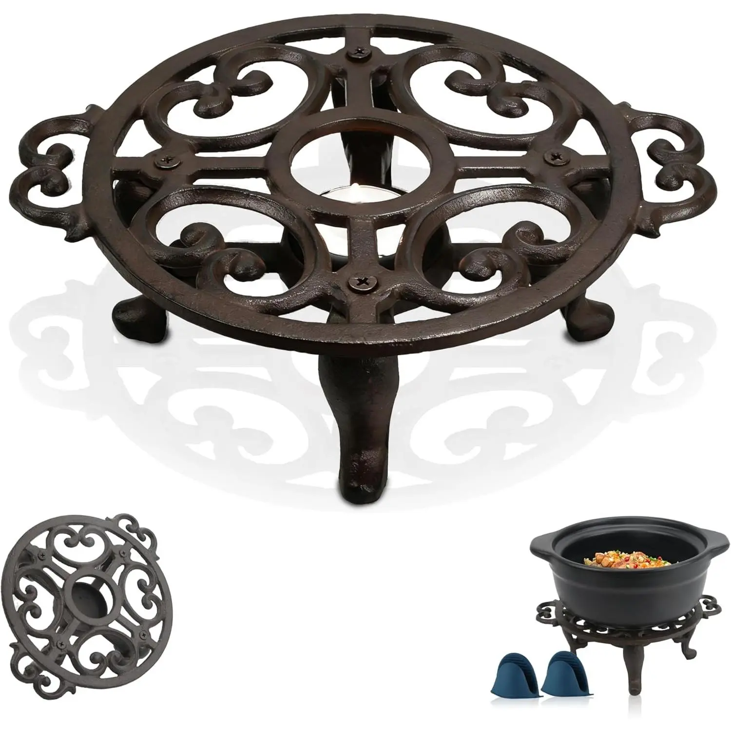 Portable Wind-Resistant Cast Iron Teapot Warmer Base with Tealight Holder Candles & Pinch Mitts for Heating Food Coffee Milk or Tea