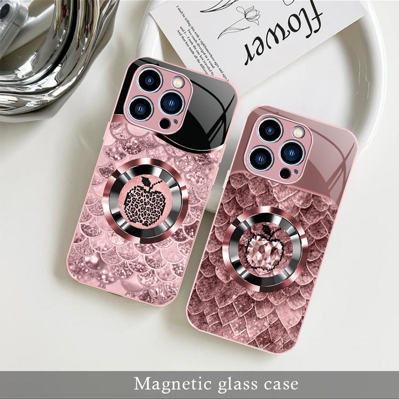 Trending “Affordable Luxury” Pink Glitter Mermaid Scale & Leopard Print MagSafe Glass Case for iPhone 14 Pro Max — 9435