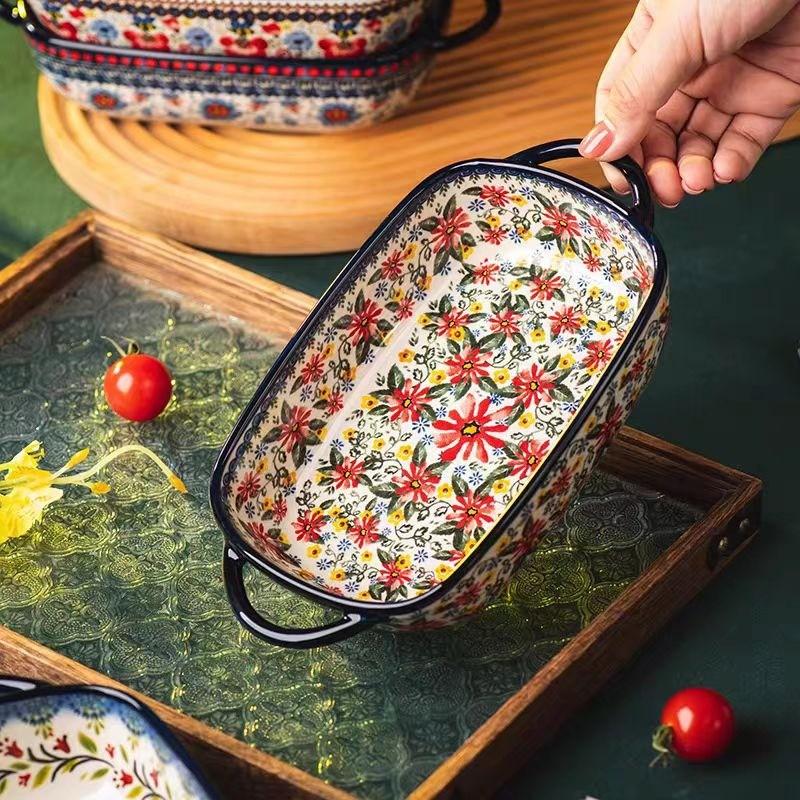 Floral Ceramic Baking Dish, Rectangular Casserole Dish, Bakeware, 730ML Rectangular Serving Bowl with Handle, Ideal for Rice, Salad & Cheese, Elegant Kitchen Accessory