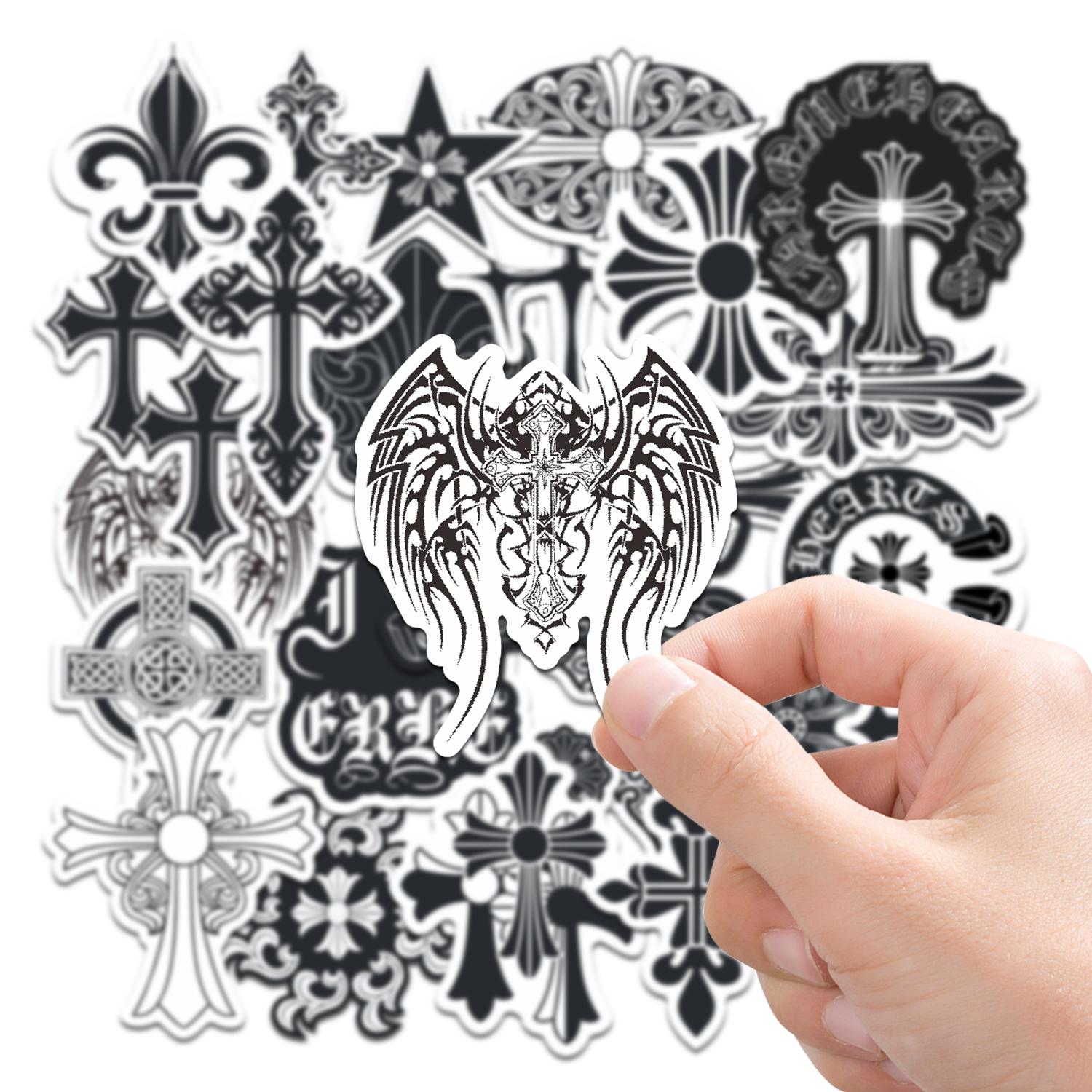28pcs Chrome Hearts Gothic Cross Stickers Pack, Waterproof Black