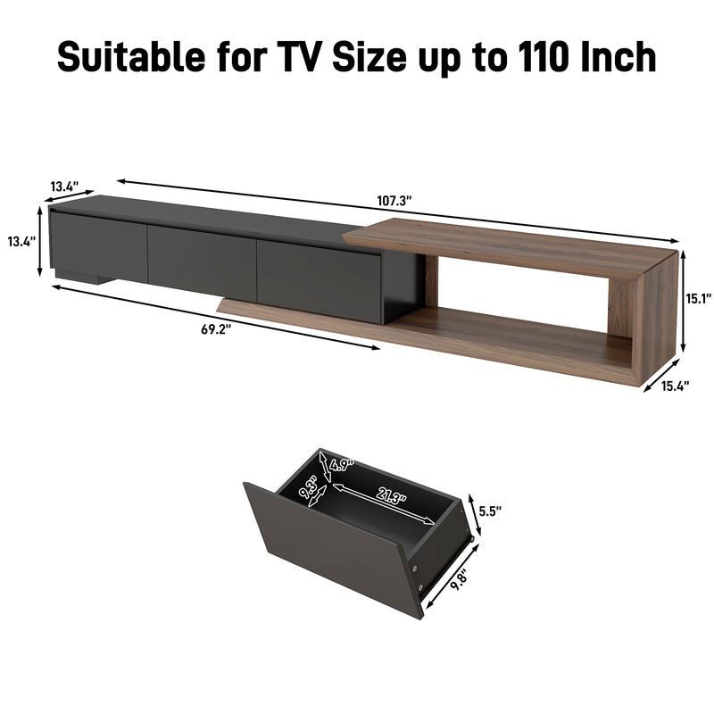Extendable TV Stand with 3 Drawers, Modern Minimalist Entertainment Center, Reversible Long TV Media Console, Bevel Design, 82-107 Inch, Black & Walnut/White & Walnut