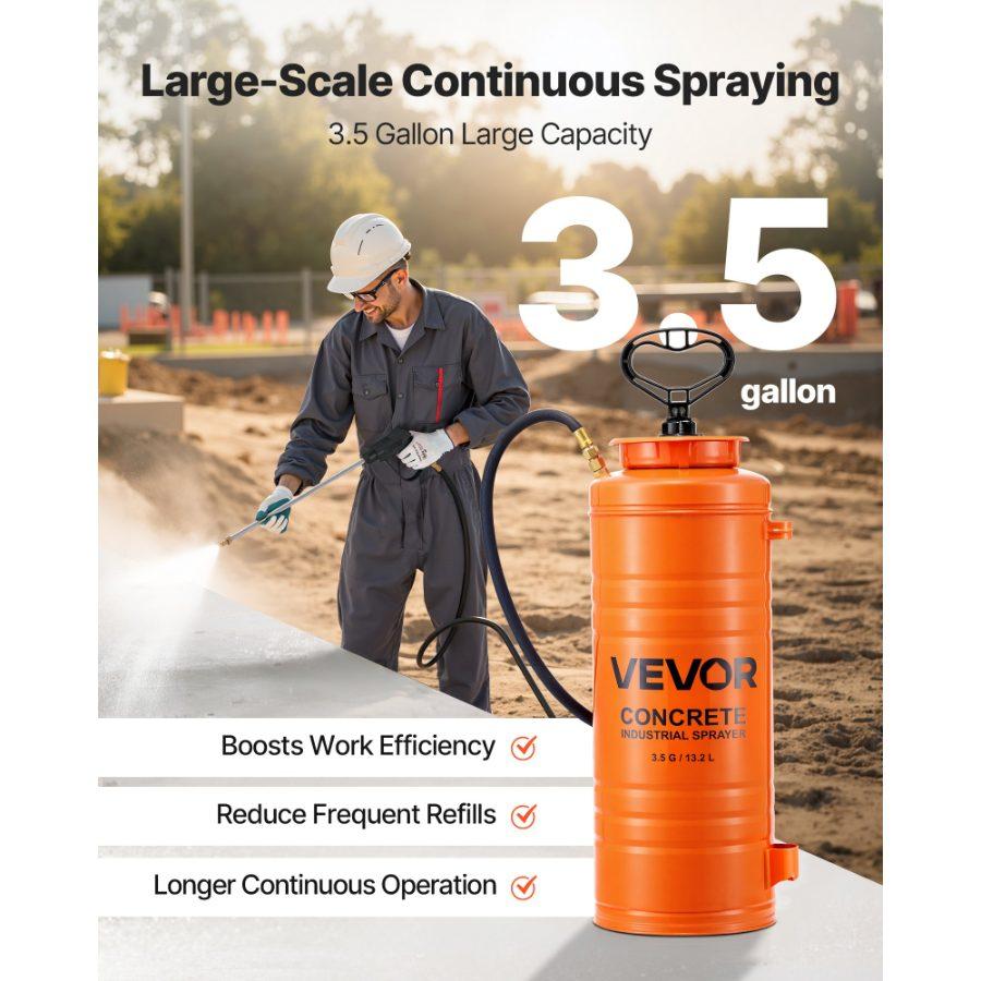 VEVOR Industrial Concrete Sprayer, 3.5 Gallon Stainless Steel Sprayer, Heavy Duty Tri-Poxy Pump Sprayers, 20.5Wand with Ergonomic Gun Handle, 48 120Hose, 2 Brass Nozzles for Construction, Garden
