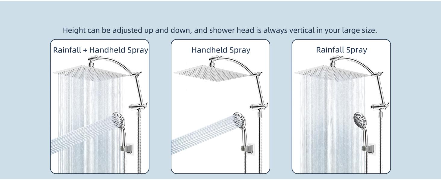 Hibbent All Metal Shower Head,10'' High Pressure Rain Shower Head/Handheld Showerhead Combo with 16'' Adjustable Arc-shaped Shower Extension Arm, 7-Spray, 71'' Hose Adhesive Showerhead Holder, Chrome