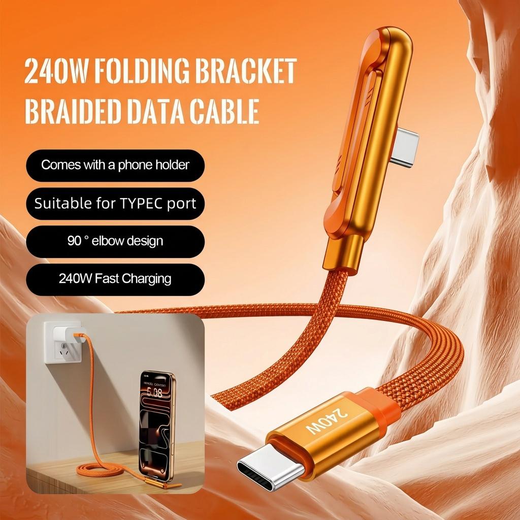 Orange  2026 Newest 240W Foldable Phone Stand Data Cable USB-C Ultra-Fast Charging Cable, 59.06-inch Charging Cable, 240W Braided Fast Charging Cable with  Phone Stand, T-Shaped Folding Design, Suitable for iPhone 15-17 Series