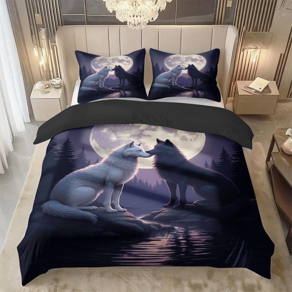2/3 Pcs Wolf Shadow Theme Pattern Bedding Decorative Duvet Cover Set Under Moonlit Night (1* Duvet Cover +1/2* Pillowcase, Core-free), Machine Washable, Zipper Seal, Multiple Sizes Suitable For All Seasons, Suitable For Bedrooms,guest Rooms