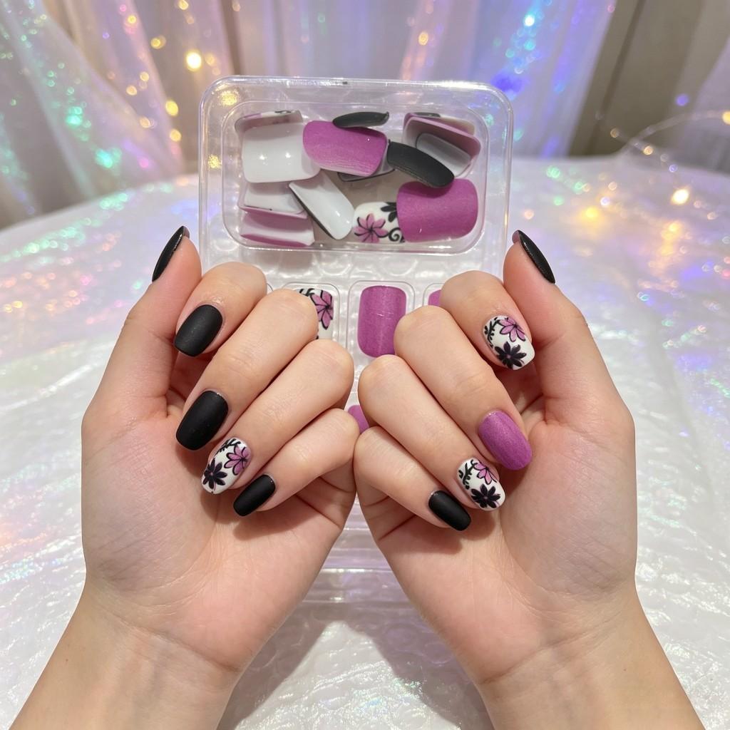 Handmade False Nails, 24-Piece Set, French Floral Design with and, Romantic and Elegant, Perfect for Daily Use and Special Occasions