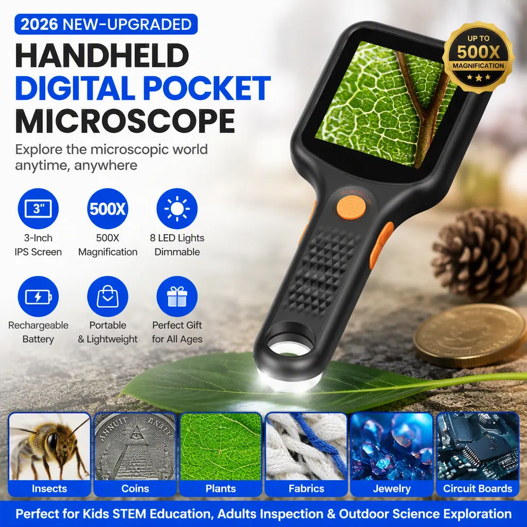 2026 Upgraded Portable Handheld Digital Microscope, 3‑Inch IPS Screen 500X Magnification Pocket Microscope with 8 Adjustable LED Lights, Rechargeable Educational Tool Perfect for Kids STEM Science Exploration and Adults Coin Collecting Observation