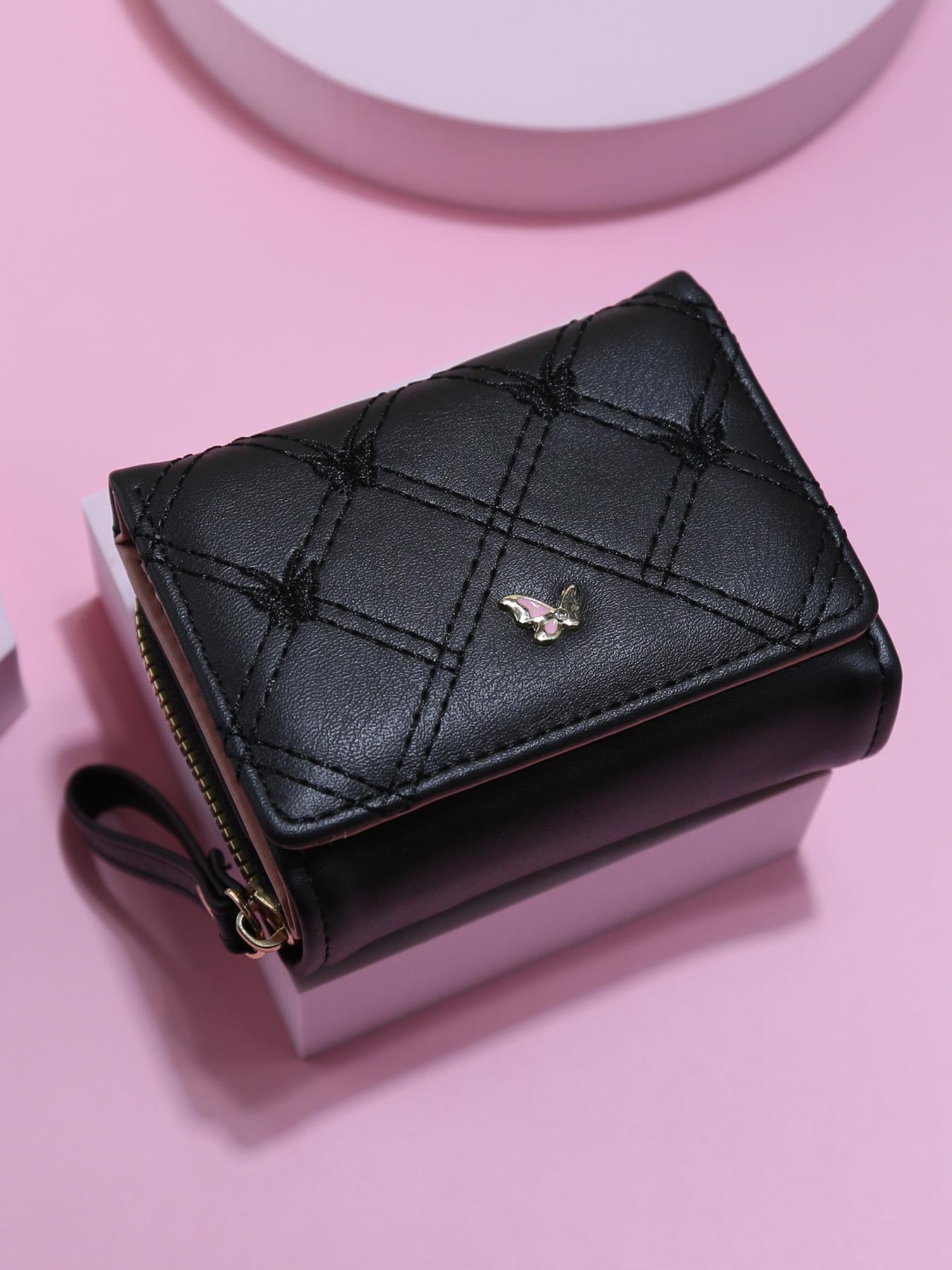 Trendy Mini Soft Leather Wallet for Women, Diamond Pattern Butterfly Metal Decoration, Multi-Card Slot ID Holder Handbag Portable Coin Purse