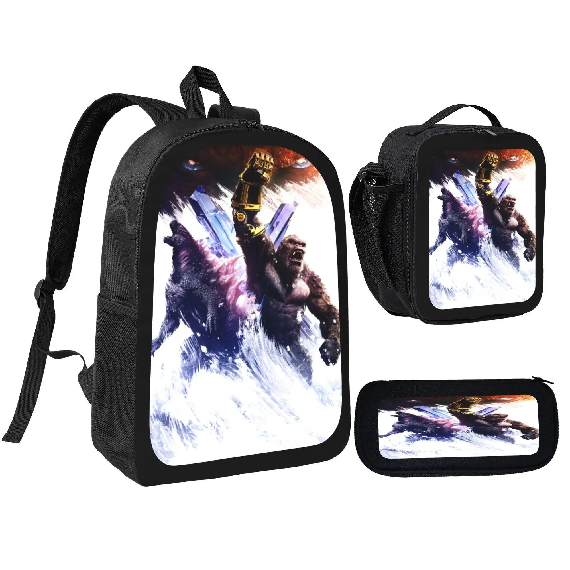 3PCS Godzilla Anime Backpack, 17in Bold Prints Casual Daypack with A4 Laptop Fit, Metal Zipper, Adjustable Straps for Daily Commute