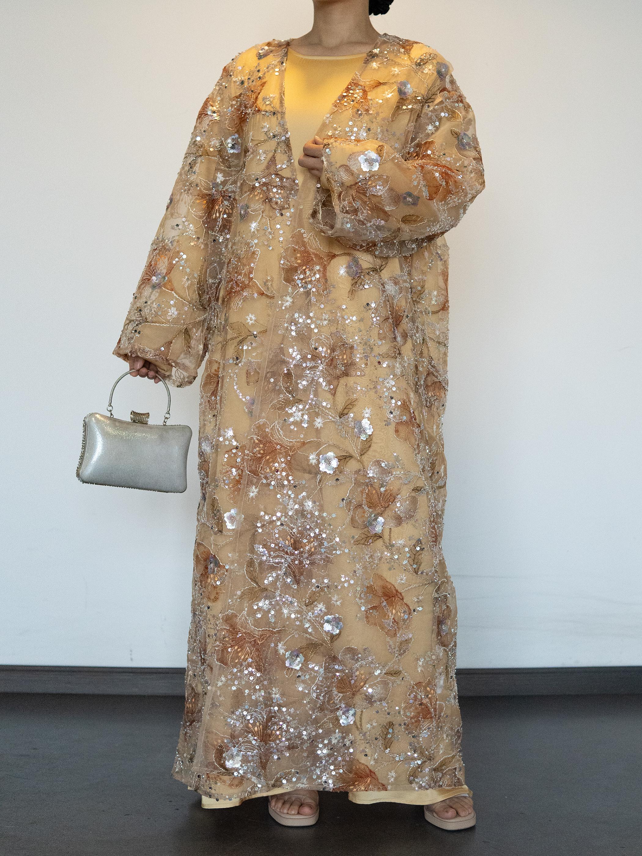 Women's 2-Piece Embroidered Flower Beaded Sequins Open Abaya and Satin Lined Dress Set (Open Abaya + Inner Dress)