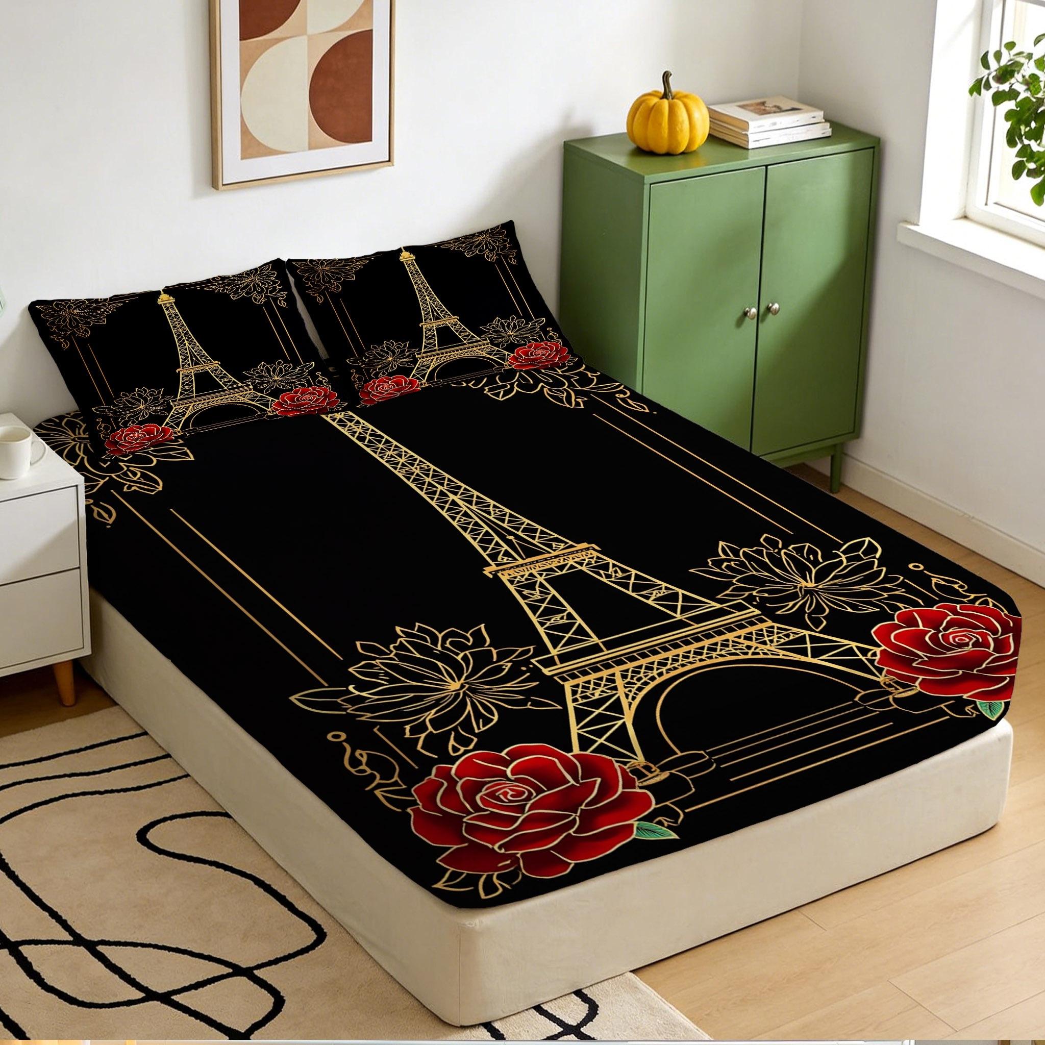 2/3 Pcs Paris Tower,Rose Theme Pattern Bedding Fitted Sheet Set(1* Fitted Sheet+1/2* Pillowcase,core Free),machine Washable,zipper Seal,multiple Sizes Suitable For All Seasons,suitable For Bedrooms,perfect Gift Festivals