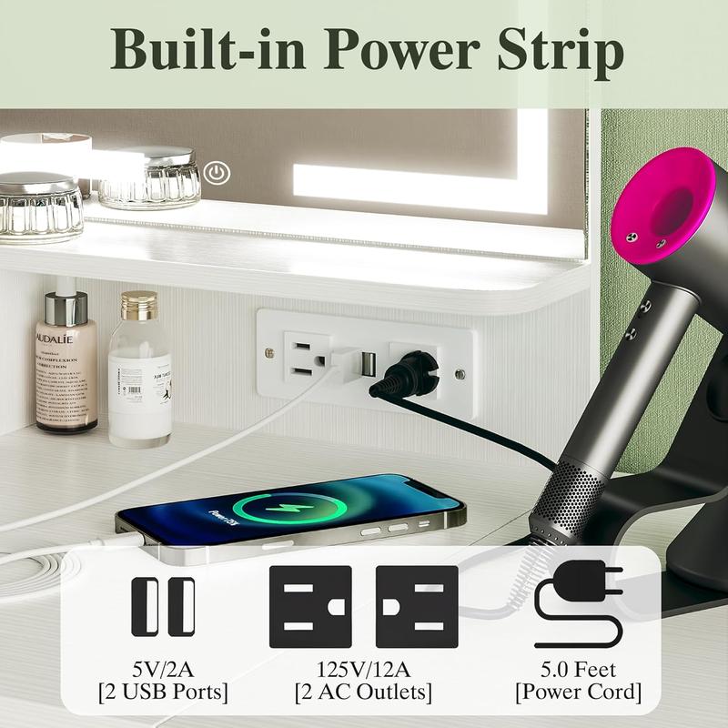 Makeup Vanity Desk with Mirror and Lights, Small Makeup Vanity with Fabric Storage Drawer & Chair & Shelves, White Vanity with Fold-up Panel and Power Outlet for Bedroom