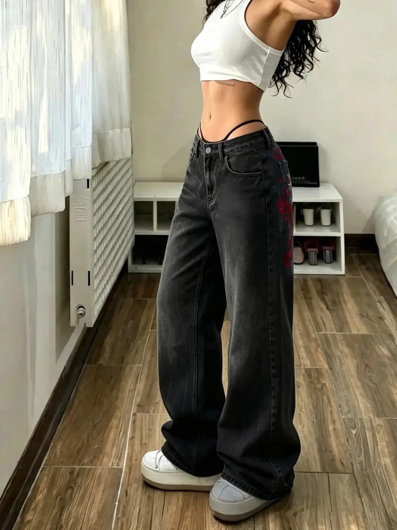 High Waist Black Washed Baggy Wide Leg Oversized Jeans for Women, Red Tribal Cross Embroidery Loose Fit Urban Hip Hop Denim Pants, Trendy Streetwear Trousers for US & Latin Girls Daily Casual Outfits