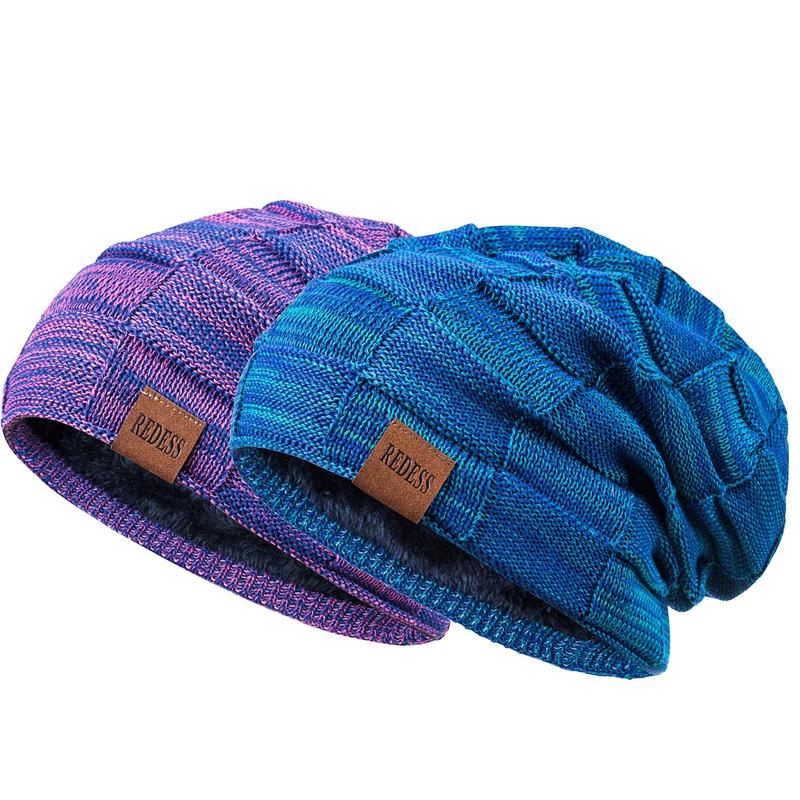 REDESS 2PC Unisex Outdoor Winter Warm Hat Sports Windproof Cold Hat Warm Thick Lined Skully Knit Hat for Men & Women