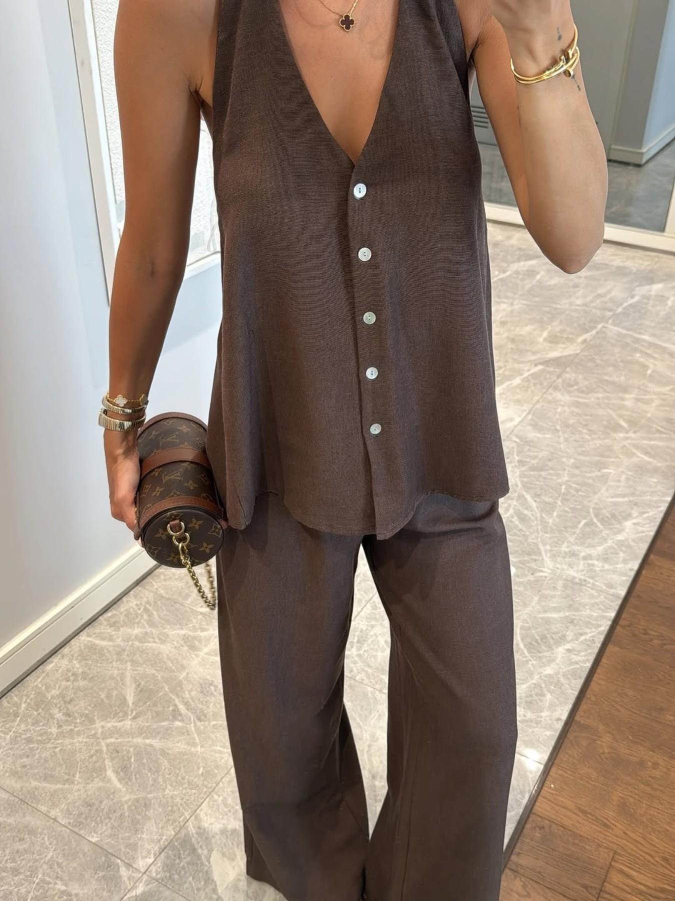 Women's Casual Vacation Style Halter Neck V Neck Backless Tie Back Sleeveless Crop Top with Wide Leg Pants Set Women's Casual Vacation Style Halter Neck V Neck Backless Tie Back Sleeveless Crop Top with Wide Leg Pants Set