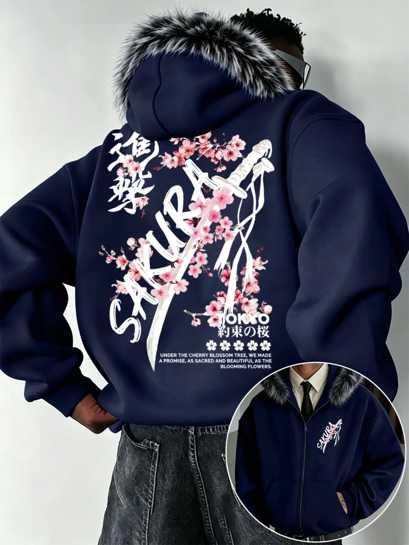 Men's Fall Winter Faux Fur Hooded Jacket, Sakura Sakura Samurai Sword Art Print, Zipper Design, Large Pockets, Warm Casual Streetwear Coat