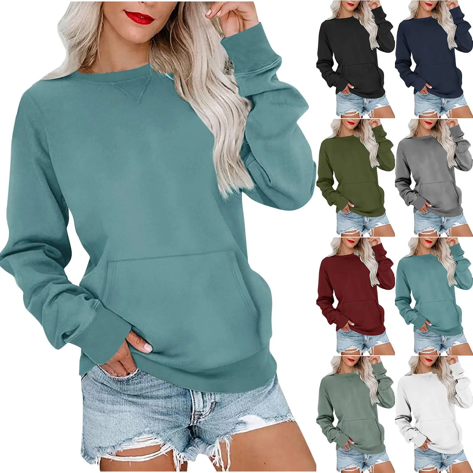 Women's Polyester Crewneck Hoodless Sweatshirt - Kangaroo Pockets, Relaxed Fit, Solid Colors, Clean Look, Lightweight Fleece Longsleeve Oversized Pullover, Fall Winter Easy Layering Top for Casual Travel