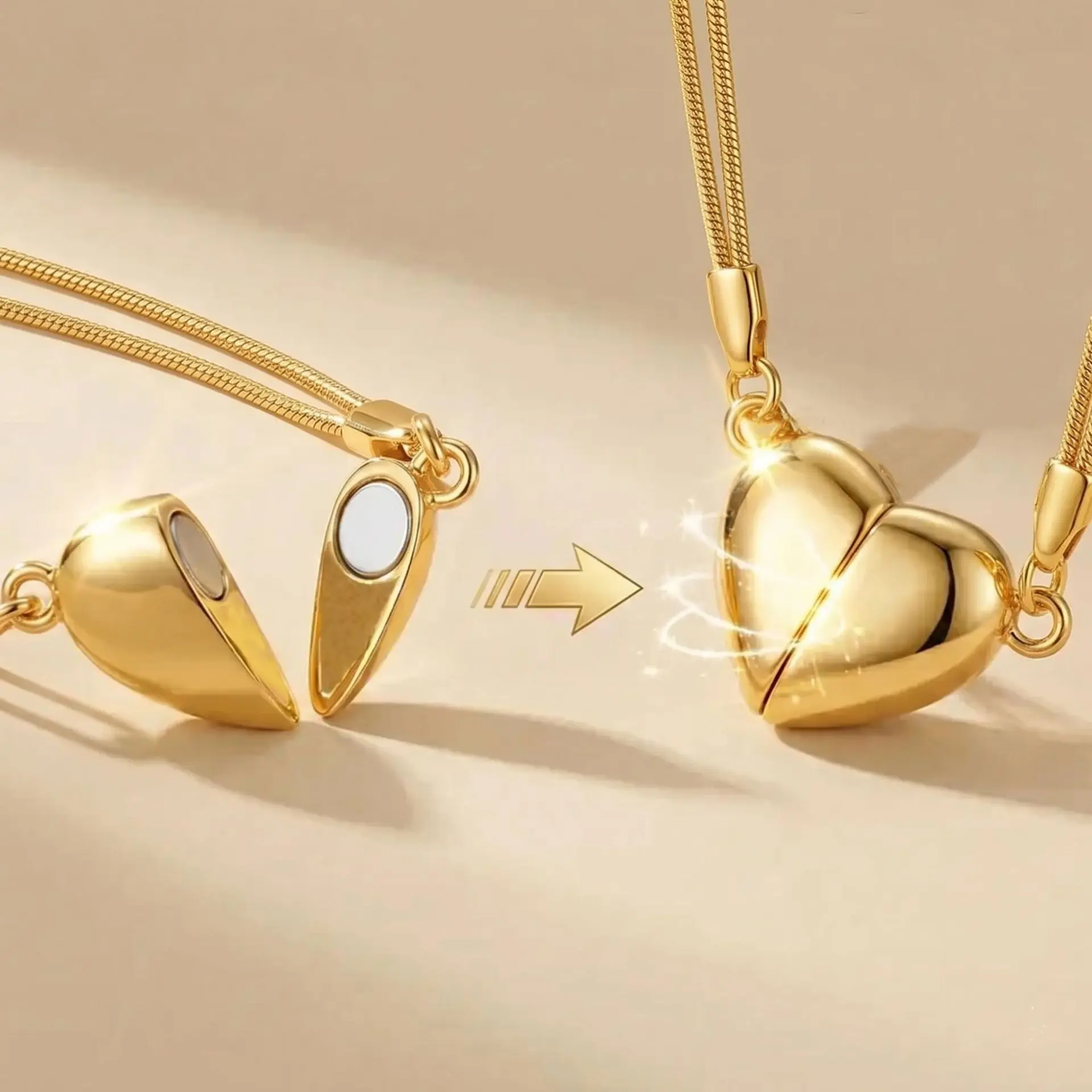 Magnetic Heart Pendant, Couples Matching Necklace, Golden Snake Chain, Romantic Love Charm, Meaningful Relationship Gift, Everyday Couple Wear