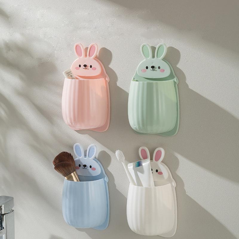 Cute Rabbit Design Toothbrush Holder, 1 Piece Wall Mounted Storage Box, Multifunctional Cosmetic Storage Box for Bathroom