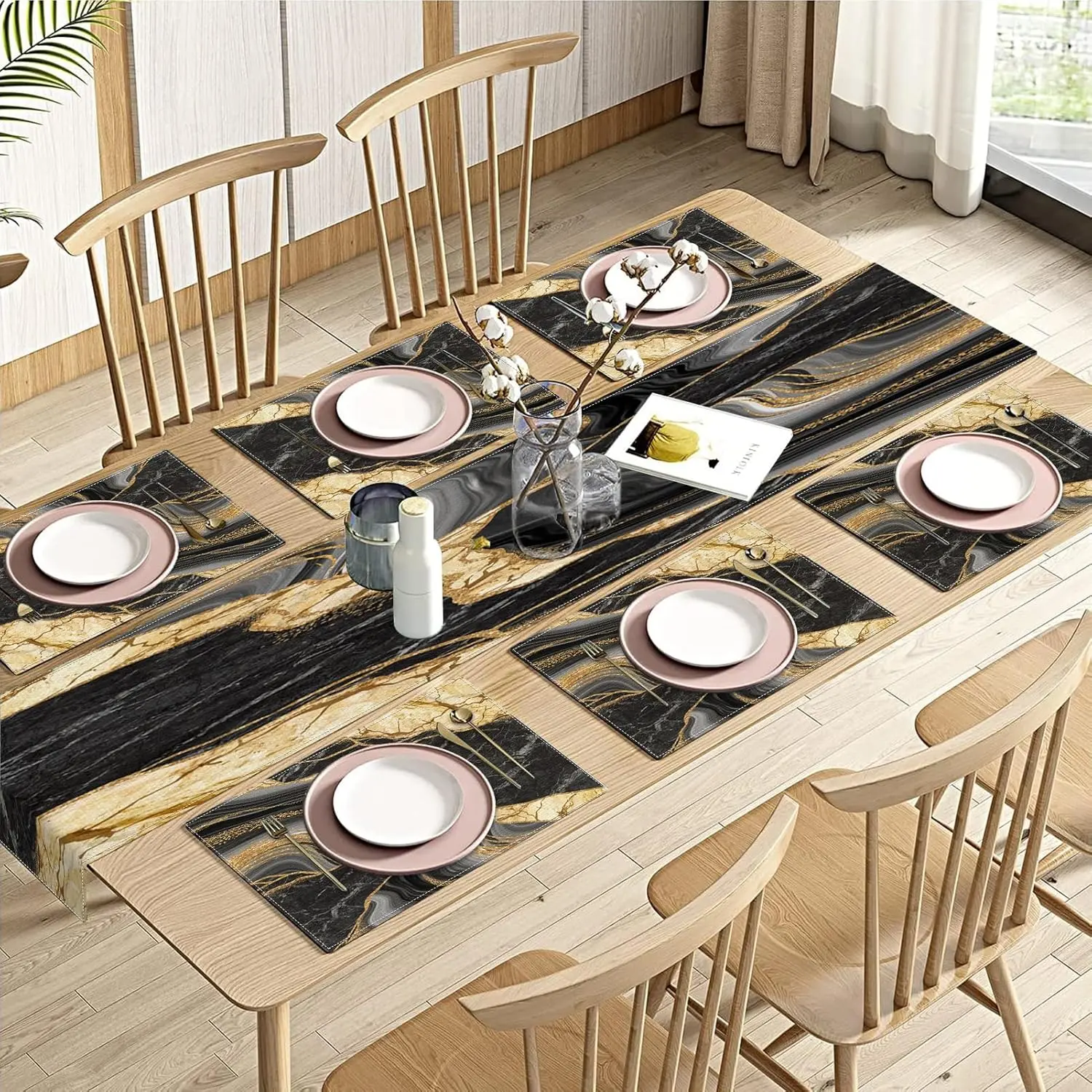 Stylish Heat-Resistant Marble Agate Black-Golden Placemats Set of 6 with 1 Line (72 in Long) - Stone Gold Art Kitchen Linens for Daily Use, Coffee & Dining Events